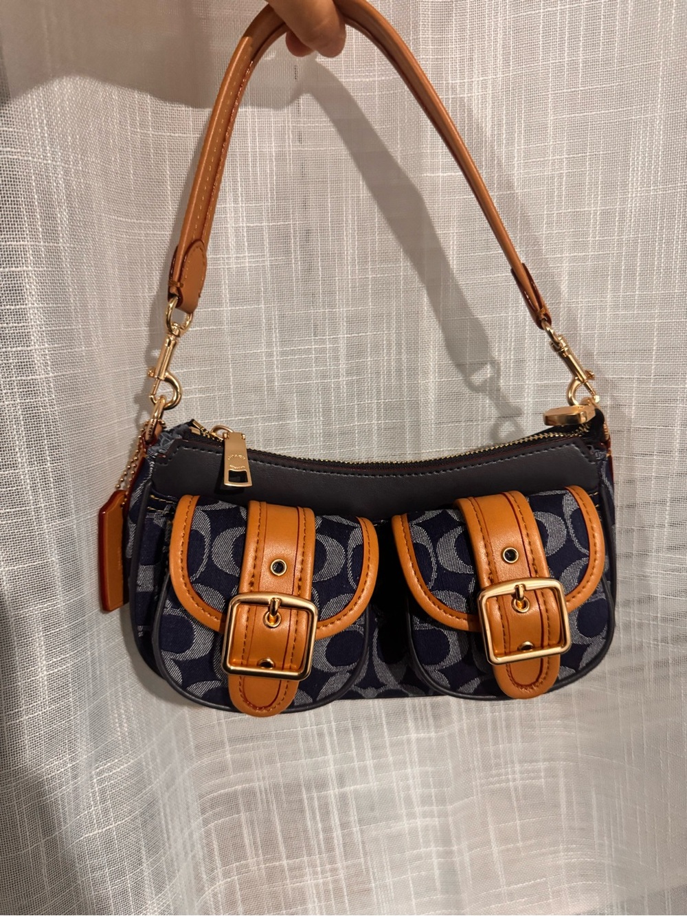 Coach Navy Signature Canvas Baguette Shoulder Bag with Tan Leather Buckles